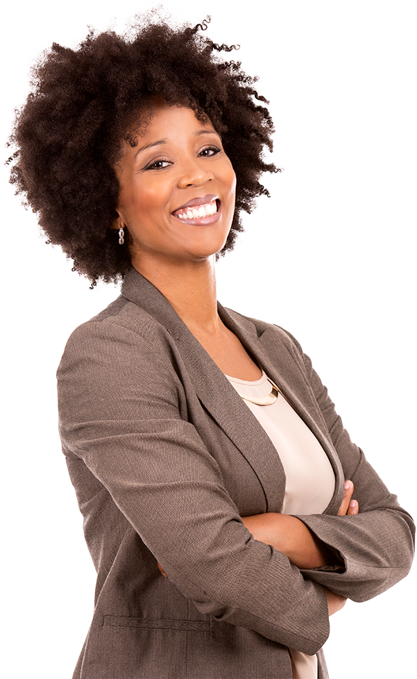 Smiling woman dressed in business casual with arms crossed.
