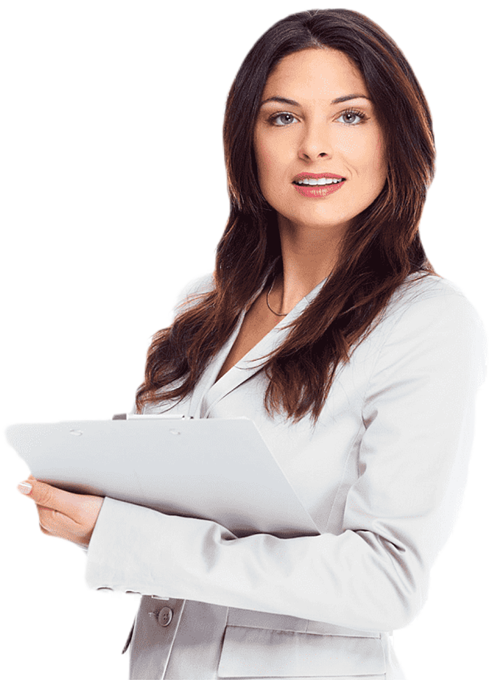 Smiling woman in suite holding papers.